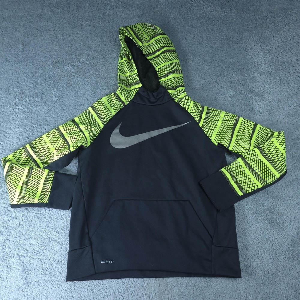 Nike Hoodie Youth Large Black Dri-FIT Pullover 826940-012 Geometric Swoosh Logo